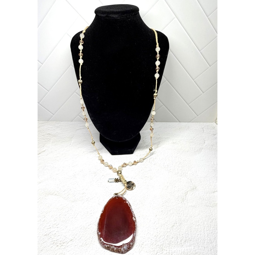 Boho Carnelian Agate Slice Pendant Necklace Knotted Cord Beaded Long Statement